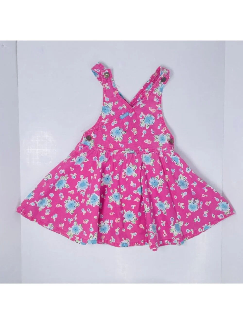 Vintage Oshkosh Toddler Girls Pink Cross Over Floral Denim Overalls Dress 4T